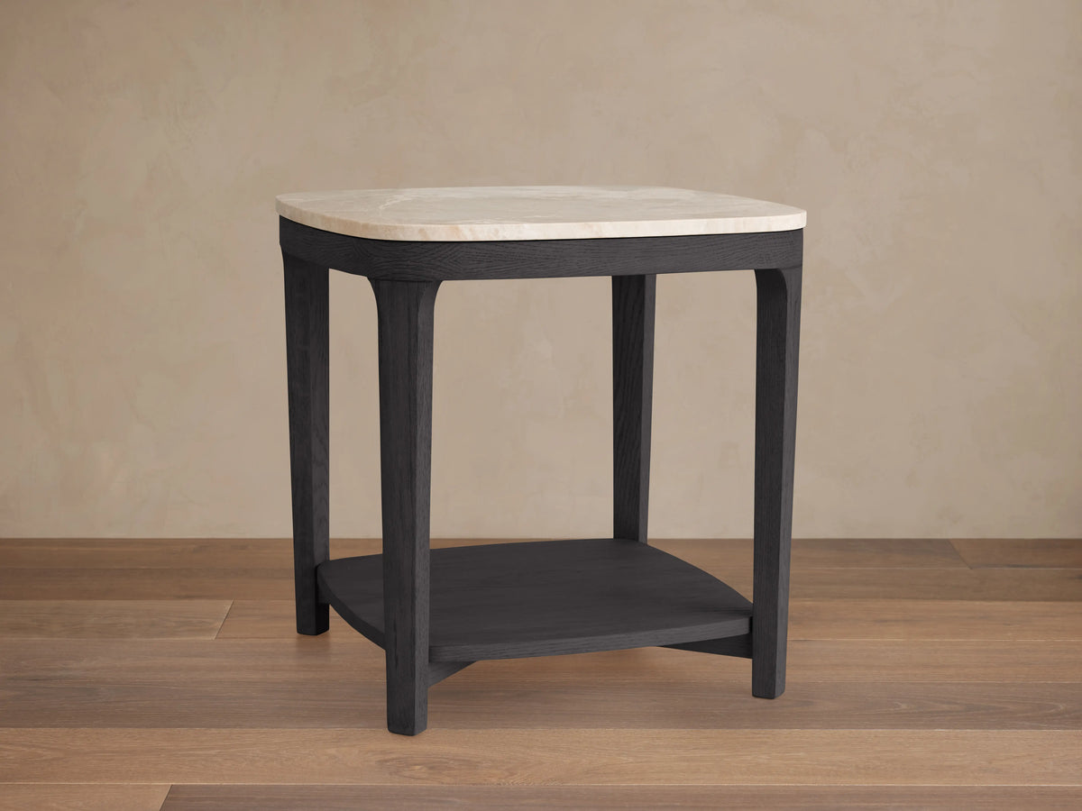 Danny End Table with ebony oak frame and ivory-toned marble top, showing rectangular shape and minimal design.