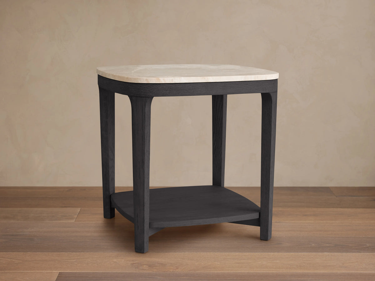 Danny End Table in oak wood with ebony finish features an ivory marble top. Rectangular design with a lower shelf.