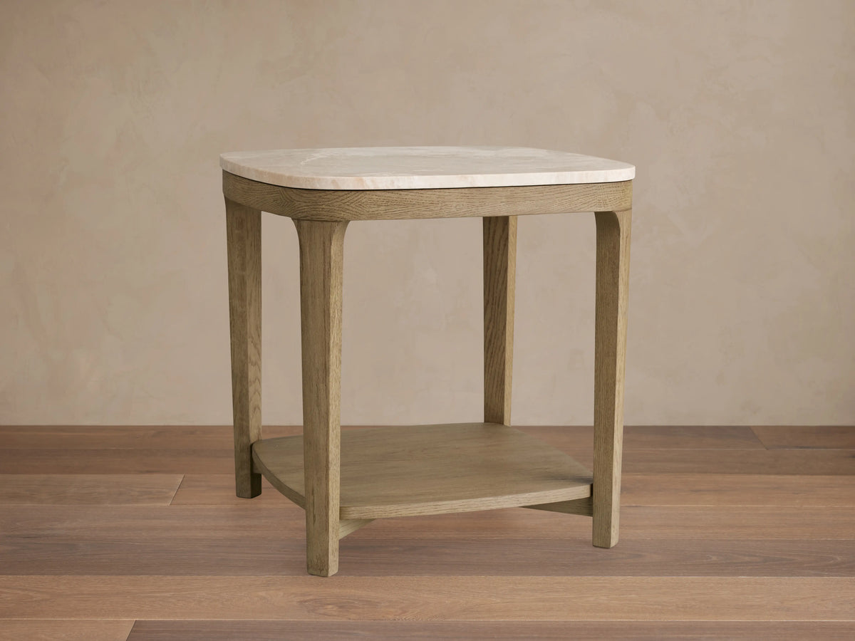 Danny End Table with ivory-toned royal cream marble top, featuring subtle veining, on an oak wood base with an ebony finish.