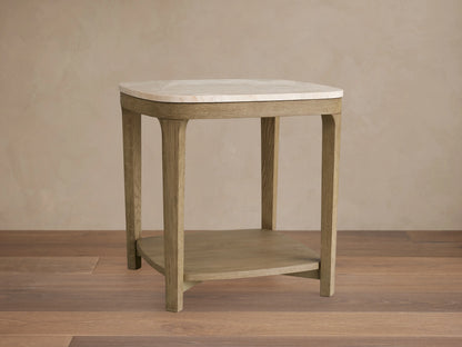 Danny End Table with ivory-toned royal cream marble top, featuring subtle veining, on an oak wood base with an ebony finish.