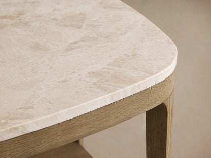 Danny End Table in oak wood with a natural finish, features an ivory-toned marble top with a lacquered coat, against a neutral background.