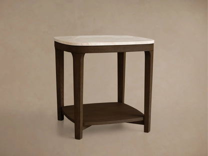 Front view of side table: dark brown wood frame, white marble top, lower storage shelf, rounded edges.