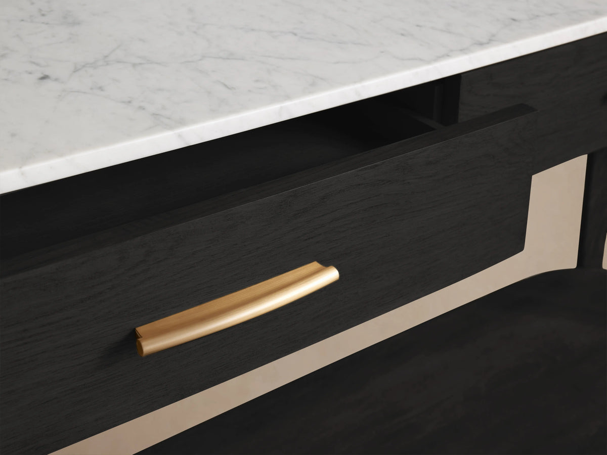 Danny Console Table: Ebony oak frame, white Carrara marble top with subtle veining, 2 drawers with brass pulls, lower shelf.