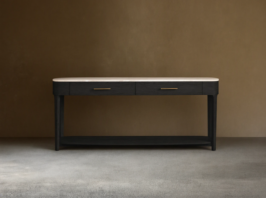 Front view of Danny Console Table with dark ebony oak frame, white marble top, two drawers with brass pulls, and lower shelf.