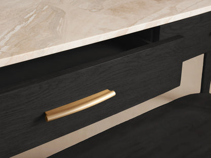 Danny Console Table: Close-up of an open dark ebony oak drawer with brass pull, under ivory-toned royal cream marble top.