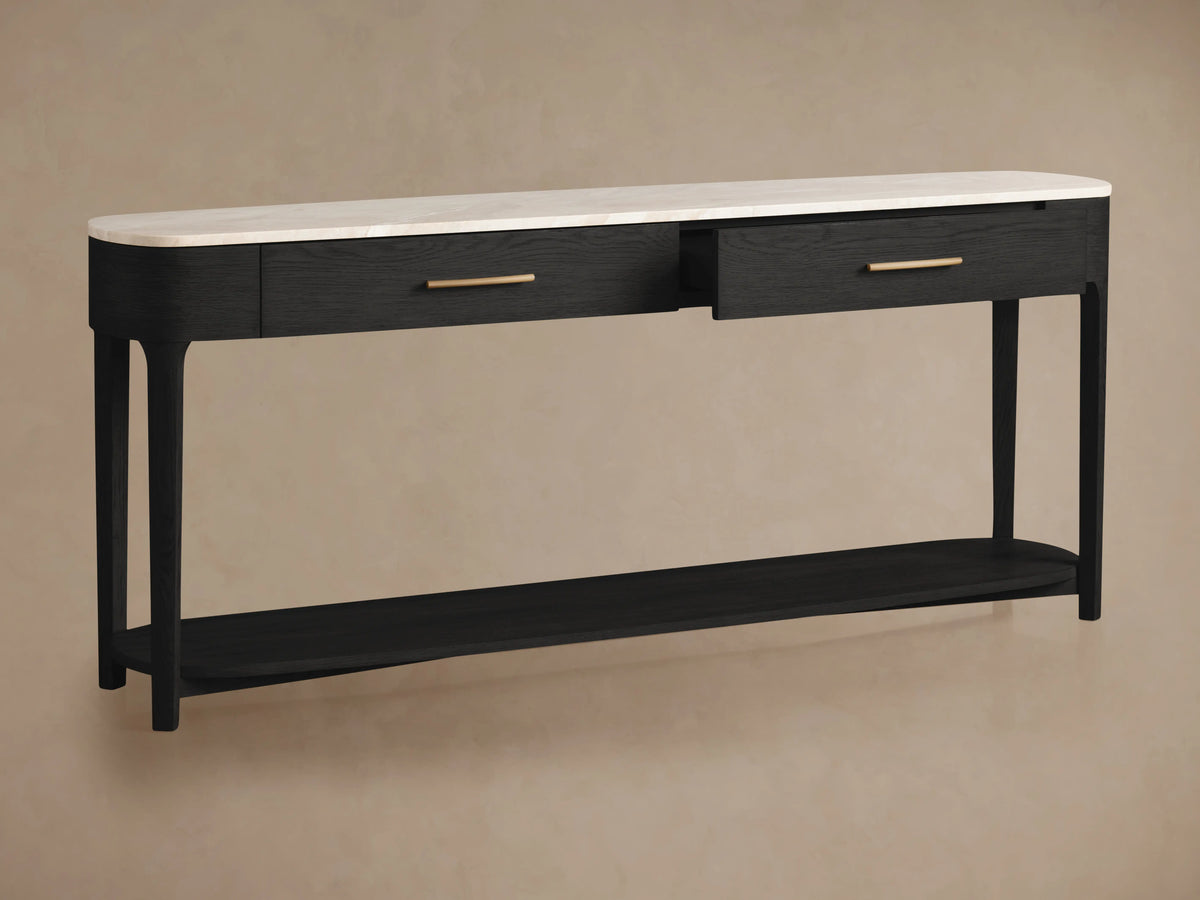 Danny Console Table: ebony oak wood with light marble top. Features two drawers, one open, brass pulls, & lower shelf.
