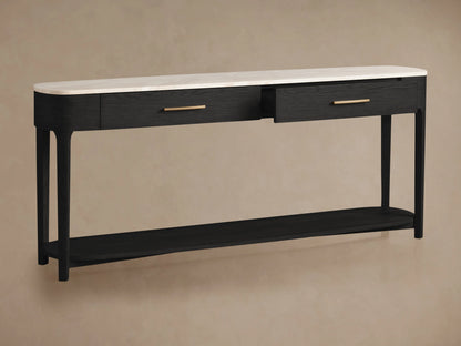 Danny Console Table: ebony oak wood with light marble top. Features two drawers, one open, brass pulls, & lower shelf.