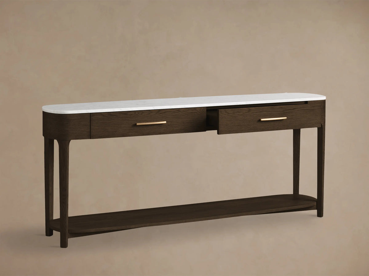Front view: Dark brown wooden console table, white marble top, 2 drawers with brass pulls, lower shelf.
