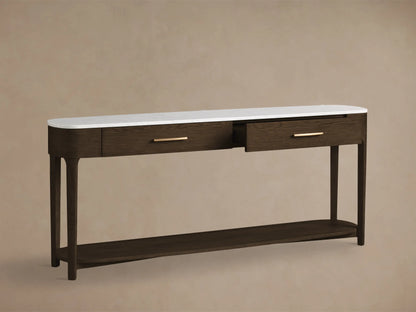 Front view: Dark brown wooden console table, white marble top, 2 drawers with brass pulls, lower shelf.