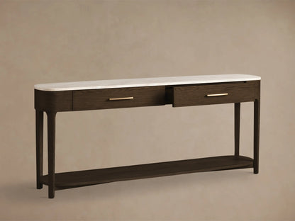 Front view of a dark brown wood console table with a white marble top, two drawers with brass pulls, and a lower shelf.