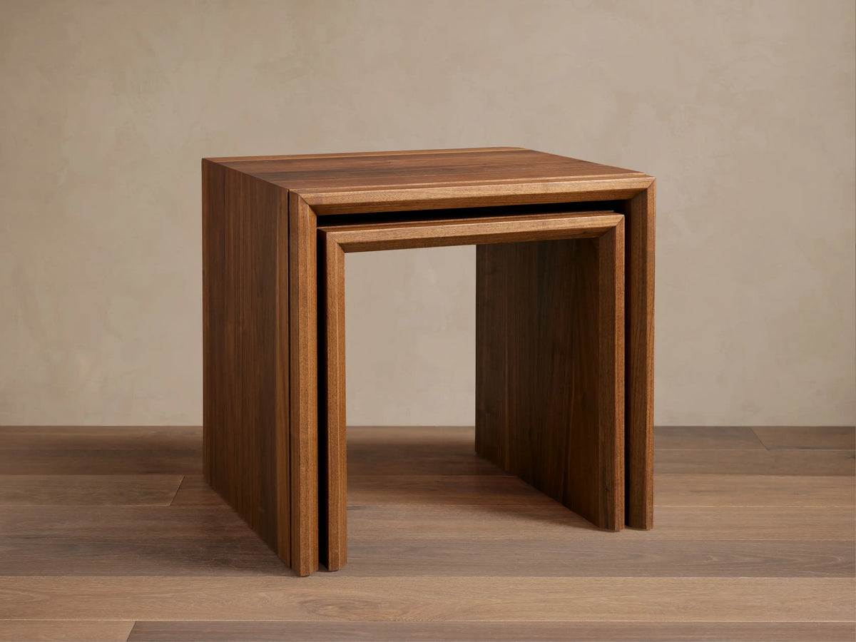 Elien Nesting End Table with a modern design, featuring two tables in a rich brown wood finish, with clean lines and smooth edges.