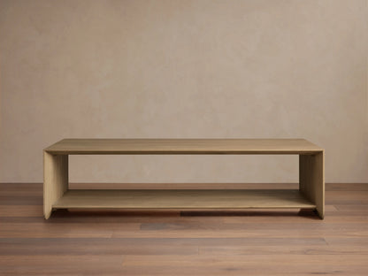 Felton Coffee Table made of solid oak with oak veneers, rectangular shape, open shelf design, natural wood finish, against a neutral background.