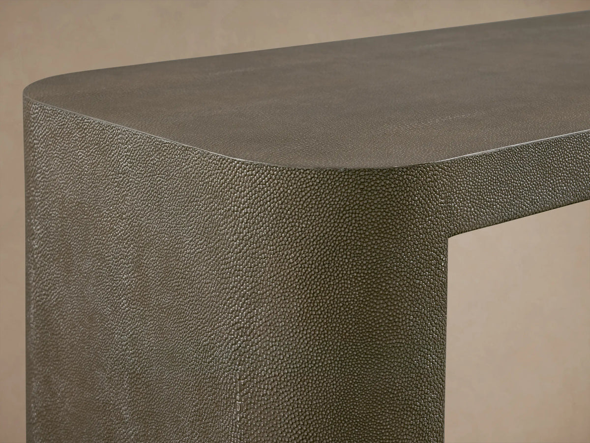 Harrow Console Table with a rectangular shape, faux shagreen finish, and smooth edges, in a dark wood tone against a neutral background.