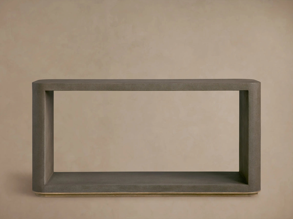 Harrow Console Table with a smooth gray finish, rounded corners, and shagreen textured surface on oak hardwood.