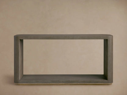 Harrow Console Table with a smooth gray finish, rounded corners, and shagreen textured surface on oak hardwood.