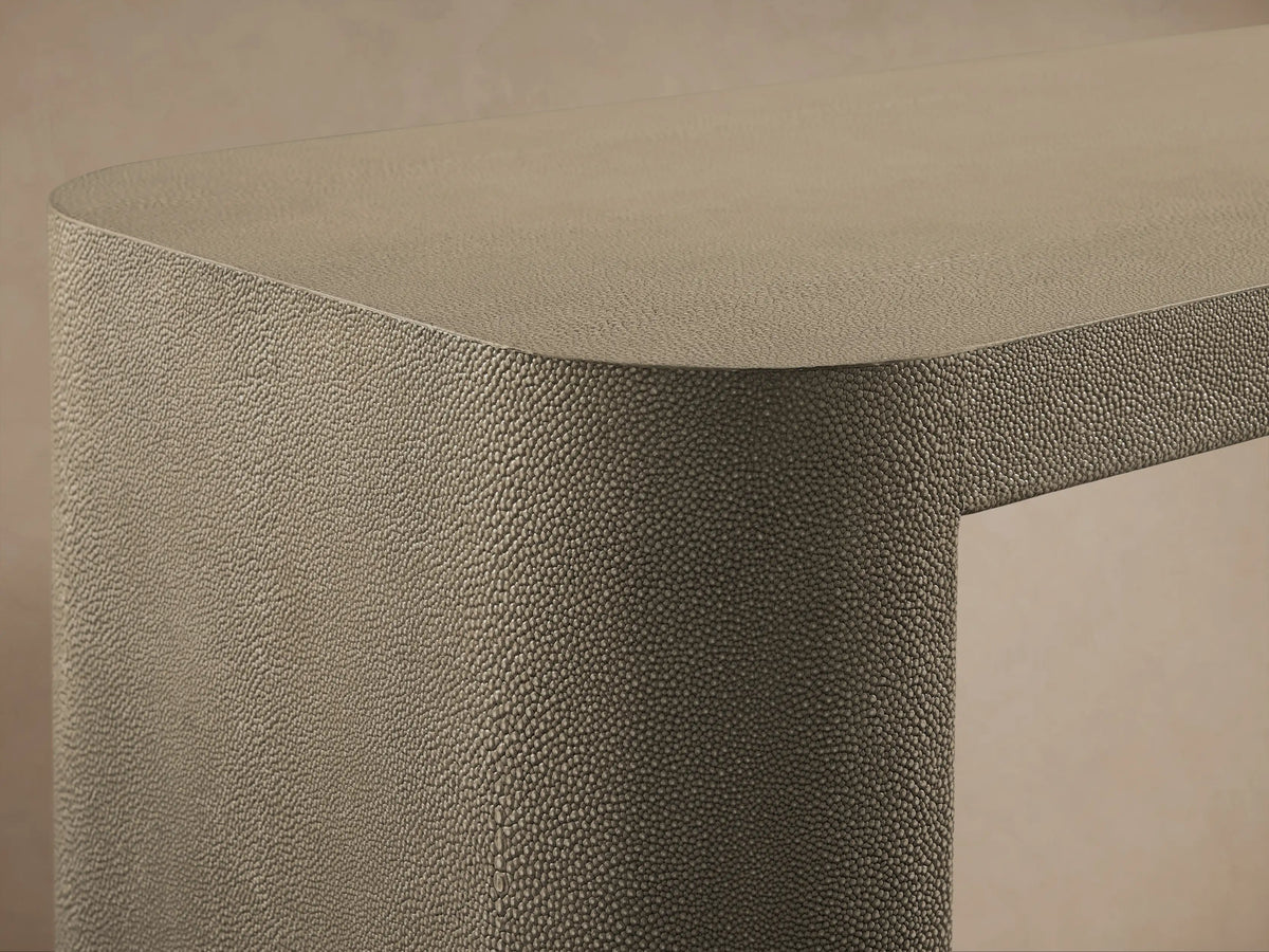 Harrow Console Table, light grey faux shagreen with rounded corners, a hollow rectangular shape, and a dark wood base.