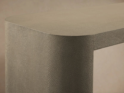 Harrow Console Table, light grey faux shagreen with rounded corners, a hollow rectangular shape, and a dark wood base.