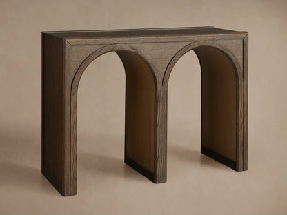 Hattie Console Table featuring close-up of arch interiors with contrasting finish, showcasing oak wood grain and texture.