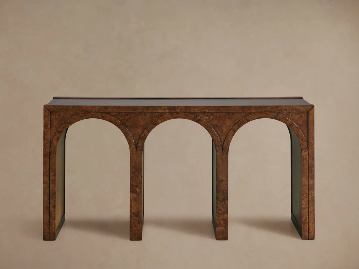 Hattie Burl Console Table, close-up of dark brown burl veneer with elegant arched openings & contrasting interiors.
