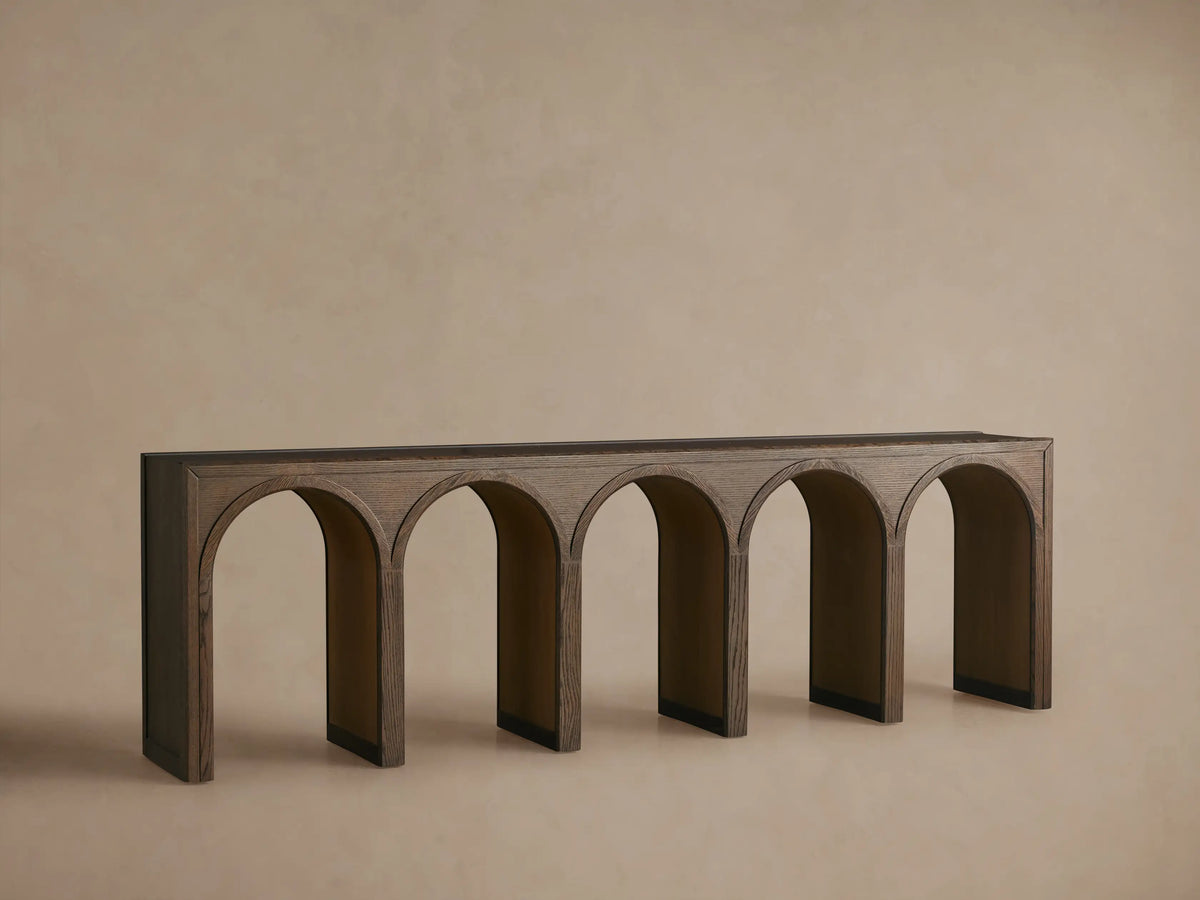 Hattie Console Table showcasing a solid oak top with hand-applied finish and contrasting arch interiors.
