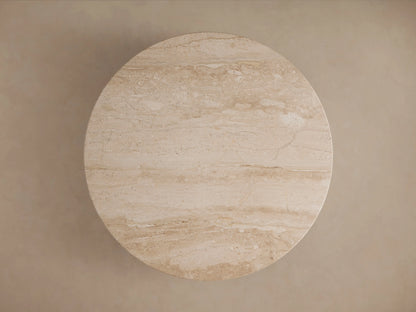Hemmings Stone Nesting Coffee Table: Circular beige coralle marble tabletop with natural cream veining, seen from directly above.