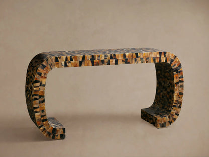 Lindly Console Table, close-up of rounded top & side covered in mosaic natural buffalo horn in amber, black, brown hues.