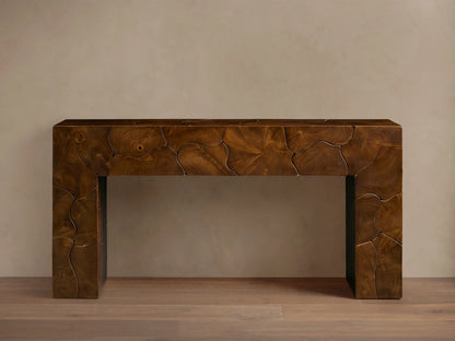 Kalmar Console Table with a close-up of its textured wooden surface, showcasing natural wood grain patterns in a rich brown finish.