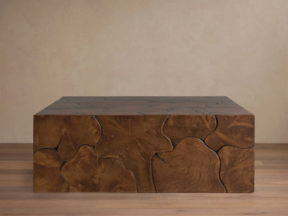 Kalmar Square Coffee Table made of natural teak wood, featuring unique organic shapes and visible knots on its surface.