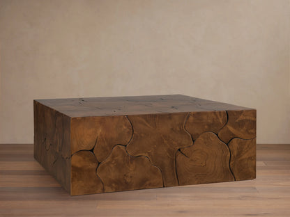 Kalmar Square Coffee Table made of natural teak wood with visible organic shapes, cracks, and patinas on its rich brown surface.