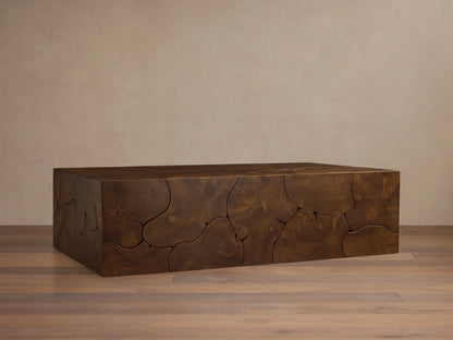 Kalmar Coffee Table made of teak wood with a smooth, glossy finish. Organic shapes and natural grain patterns visible.
