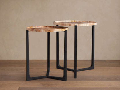 Two Layne Nesting Tray Tables with petrified wood tops and matte black iron bases on a wooden floor background.