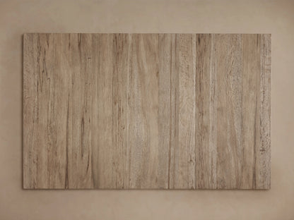 Leandro Coffee Table with a rectangular surface, showcasing vertical wooden grain patterns in light brown, highlighted by natural imperfections.