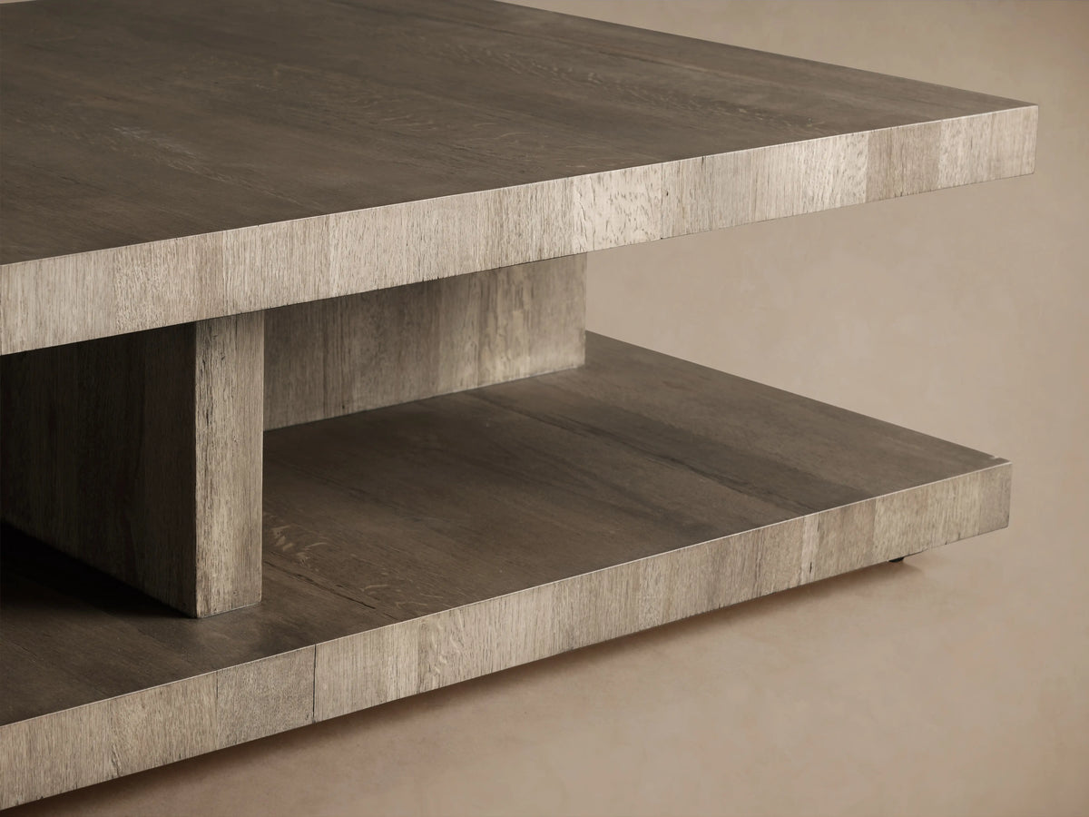 Leandro Coffee Table in Spalted Oak finish, showing a two-tier design with smooth, reclaimed oak surfaces and subtle sheen.