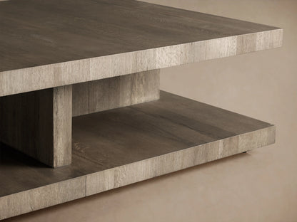 Leandro Coffee Table in Spalted Oak finish, showing a two-tier design with smooth, reclaimed oak surfaces and subtle sheen.