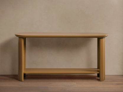Front view of the golden Lonny Console Table, featuring a high-gloss lacquer finish and a floating lower shelf design.