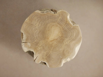 Textured wood Maggie Stool with natural grains and earthy tones, featuring irregular, organic shapes and a smooth finish.