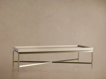 Malone Coffee Table, close-up of corner. Beige shagreen leather tabletop with raised edge and brass-toned steel frame.