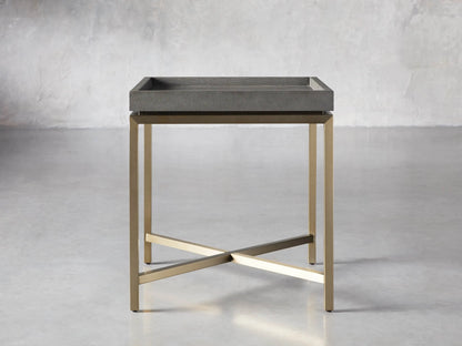 Malone End Table. Square dark gray shagreen leather-look top on a gold steel base with an X-shaped crossbar.