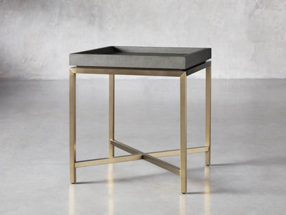 Malone End Table. Square dark gray shagreen leather-look top on a gold steel base with an X-shaped crossbar.