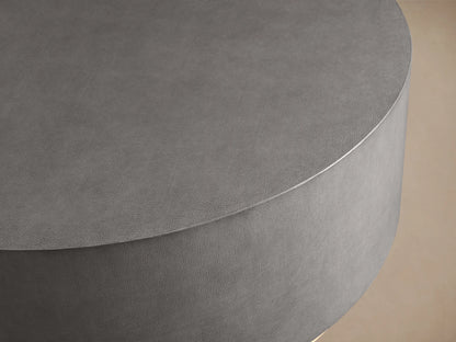 Round plinth coffee table with shagreen-patterned grey top, brass-finished steel base. Placed on wooden floor, beige background.