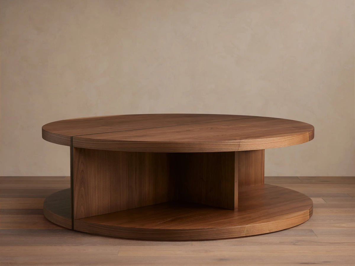 Mihaela Round Coffee Table made of Romanian oak and spruce, showcasing circular wooden top and base with a mid-section support.
