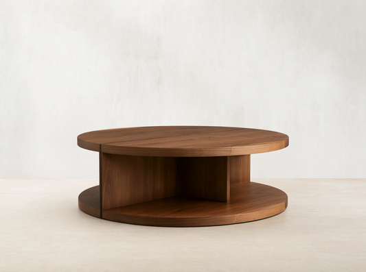 Mihaela Round Coffee Table made of Romanian oak and spruce, showcasing circular wooden top and base with a mid-section support.