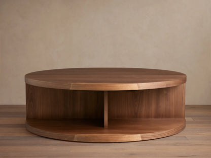 Mihaela Round Coffee Table made of Romanian oak and spruce, showcasing circular wooden top and base with a mid-section support.