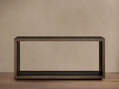 Mihaela Console Table in dark wood finish, rectangular shape, minimalist design, framed edges, against beige background.