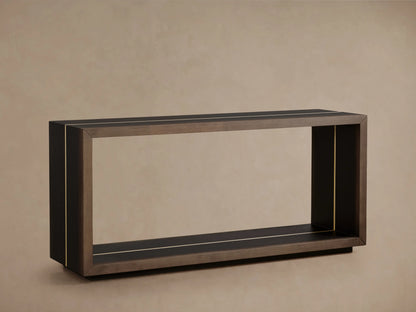 Mihaela Console Table in a rectangular open frame, featuring hand-carved wood with metallic brass accents and a dark finish.