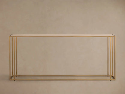 Front view of the Mills Stone Console Table with a light beige stone top and antique brass-finished steel frame.
