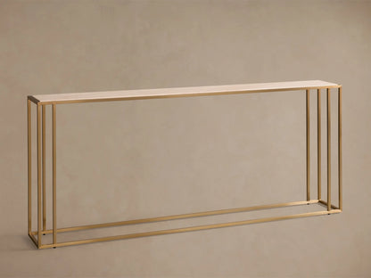 Front view of a long, rectangular Mills Stone Console Table with a light stone top and antique brass steel frame.