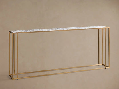 Front view of the white and gray veined Mills Stone Console Table with a long stone top and an antique brass metal frame.