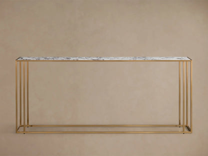 Top-down view of the Mills Stone Console Table, featuring a white stone top with dark purple veining within an antique brass frame.