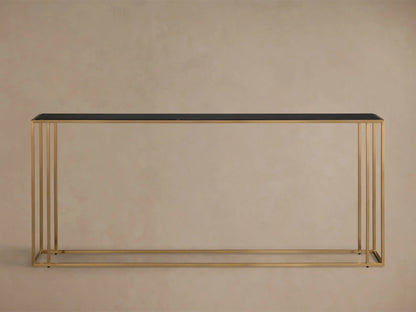 Front view of the Mills Stone Console Table with a black stone top and antique brass steel frame.
